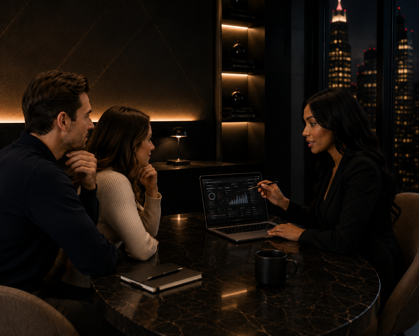 A couple reviewing an investment portfolio dashboard with an adviser at night