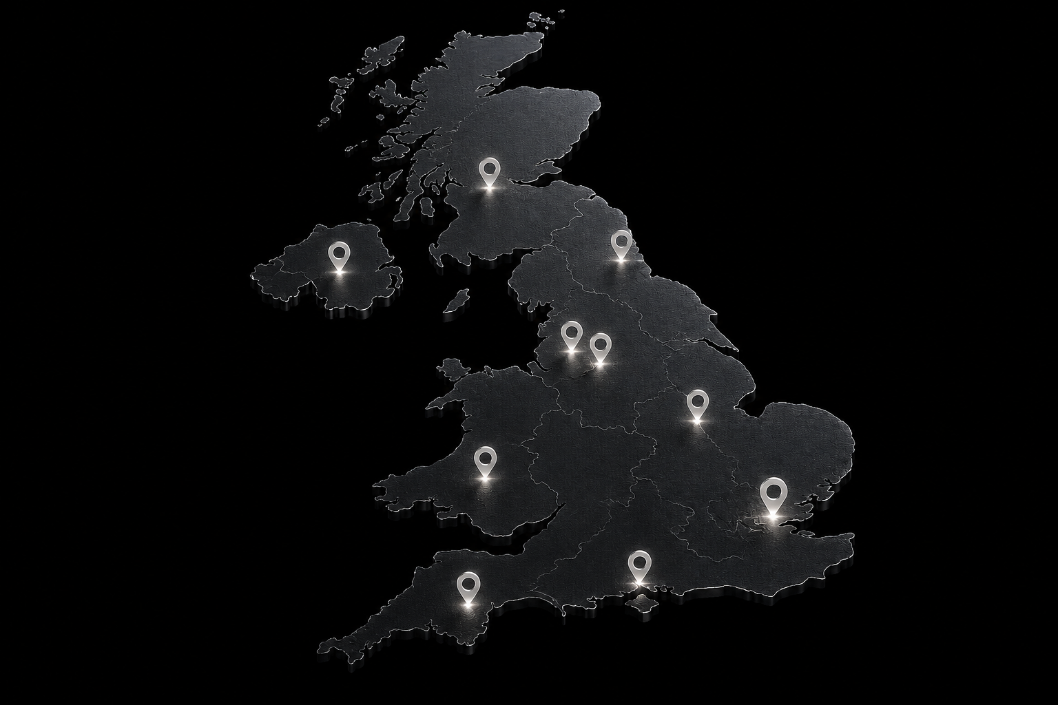 Illustrated map of the UK with location pins marking cities across the country